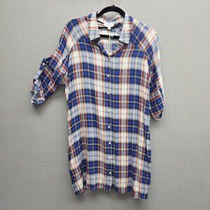 Umgee Shirt Womens Small Plaid Button Down Roll Tab Sleeve Pockets Casual Top